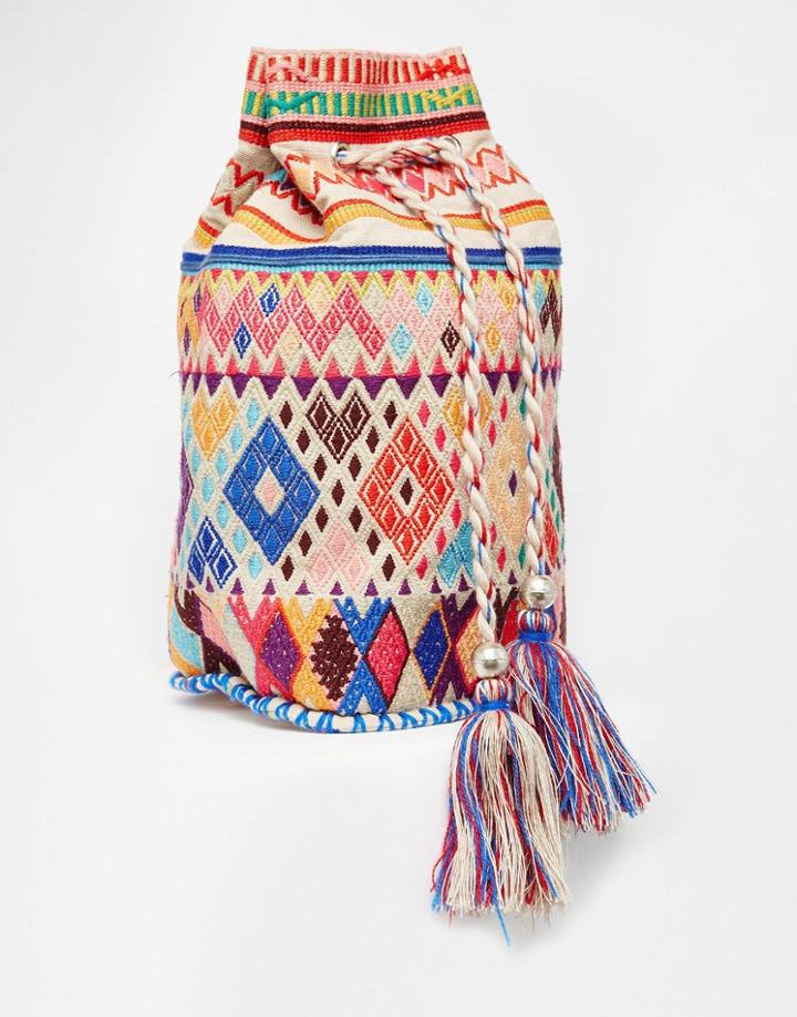Star Mela Embroidered Drawsting Crossbody Bag With Tassels