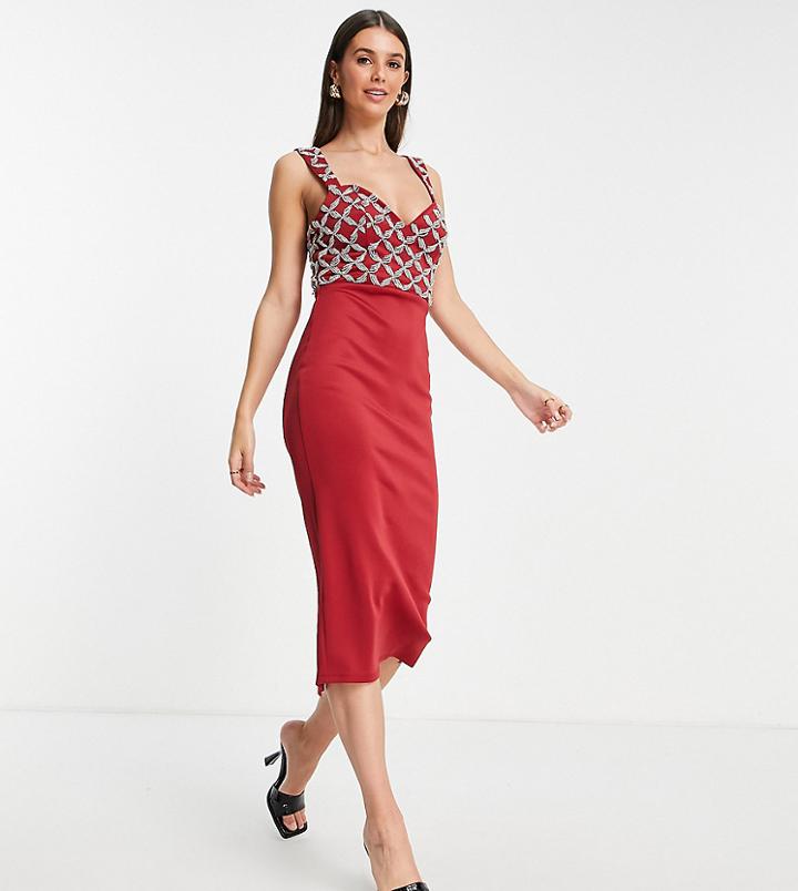 Asos Design Tall Sweetheart Plunge Embellished Top Wrap Pencil Midi Dress In Oxblood-black