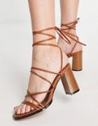 Asos Design Hoola Tie Leg Block Heeled Mid Sandals In Tan-brown