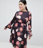 Club L Plus Long Sleeve Rose Print Dress-black