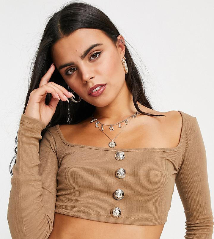 Naanaa Petite Button Detail Long Sleeve Crop Top In Stone-white