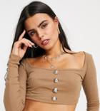 Naanaa Petite Button Detail Long Sleeve Crop Top In Stone-white