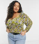 Vero Moda Curve Ruched Square Neck Top In Green Print