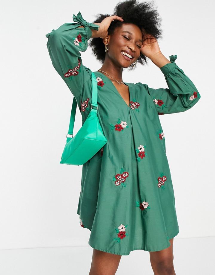 Asos Design Cotton Poplin V Front V Back Trapeze Mini Dress In All Over Floral Embroidery In Green