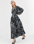 Asos Design Maxi Dress With Puff Sleeves In Satin Astrological Print-multi