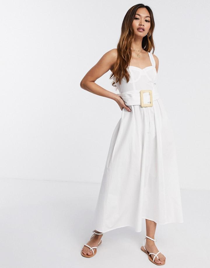 Asos Design Midi Skater Sundress With Wicker Belt In White