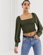 Asos Design Shirred Crop Top With Long Sleeve-green