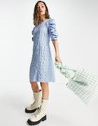 Only Textured Mini Dress With Ruched Sleeves In Blue Check-multi