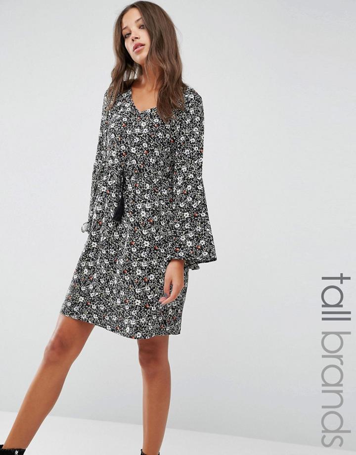 Brave Soul Tall Smock Dress With Frill Sleeves - Black