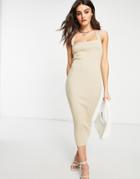 Asos Design Knitted Rib Midi Dress With Square Neck In Stone-neutral