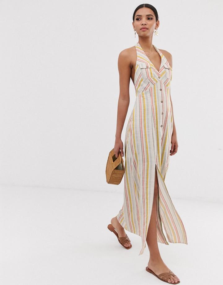Asos Design Button Through Halter Neck Maxi Dress In Stripe-multi