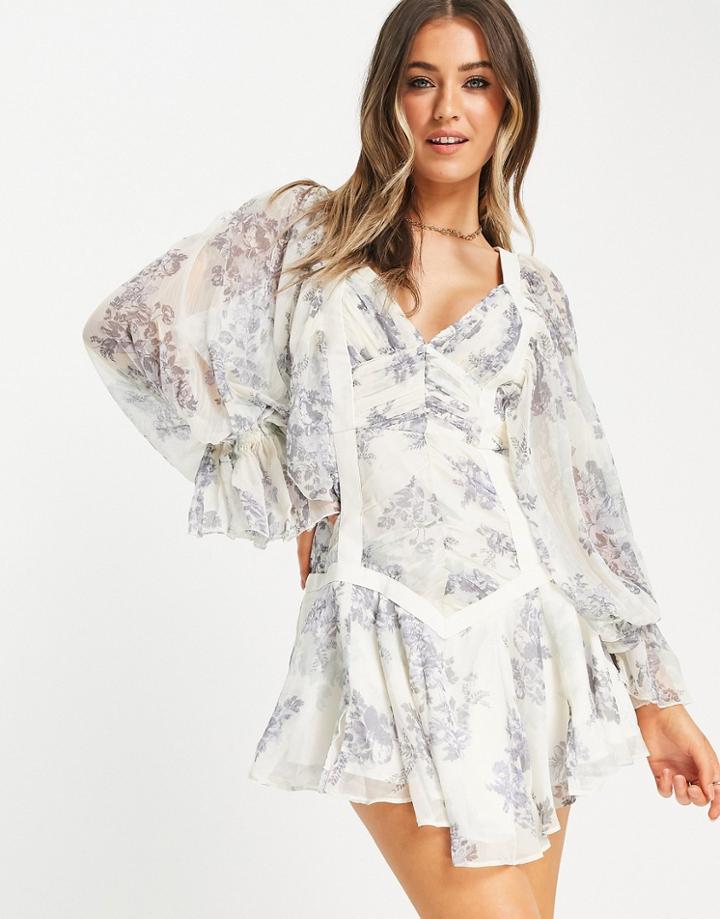 Asos Design Shirred Mini Dress With Pu Tape Detail In Floral Print-multi