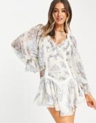 Asos Design Shirred Mini Dress With Pu Tape Detail In Floral Print-multi