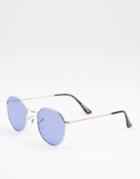A.kjaerbede Hello Unisex Round Sunglasses In Silver With Blue Lens