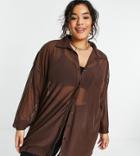 Asos Design Curve Oversized Mesh Button Shirt In Brown