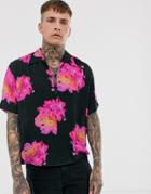 Asos Design Relaxed Zip Through Floral Shirt - Black