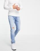 Asos Design Skinny Jeans In Light Wash Blue With Abrasions-blues
