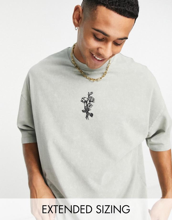 Asos Design Oversized Heavyweight Acid Washed T-shirt In Green With Flower Embroidery