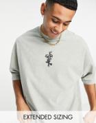 Asos Design Oversized Heavyweight Acid Washed T-shirt In Green With Flower Embroidery