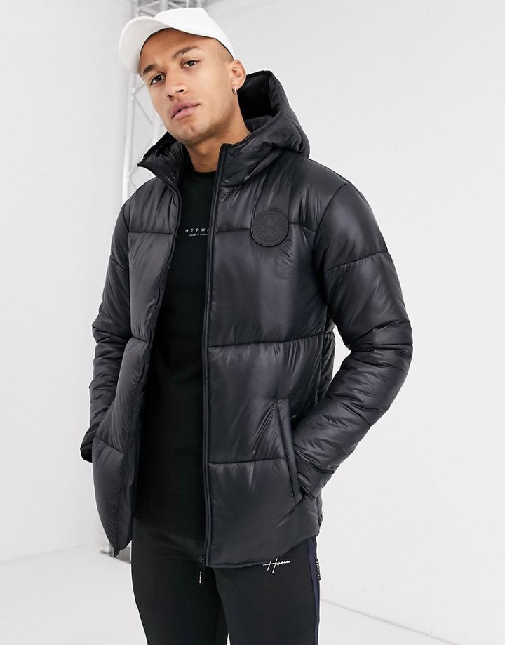 Hermano Hooded Puffer Jacket In Black