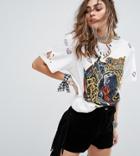 Sacred Hawk Festival Oversized T-shirt With Ozzy Osbourne Print And Sequin Patches - Cream