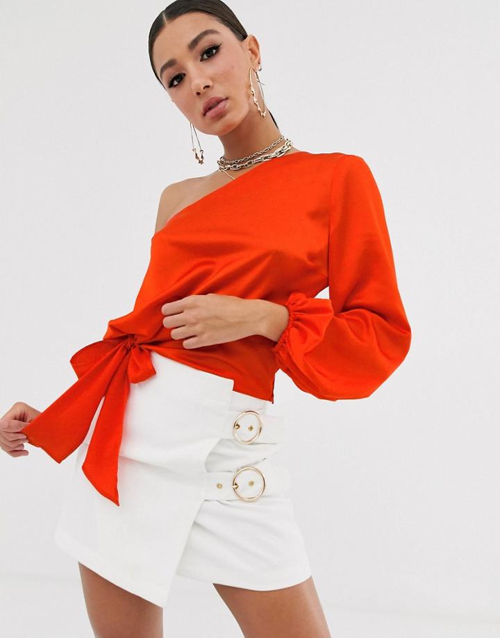 Asos Design One Shoulder Top In Satin With Knot Detail - Red