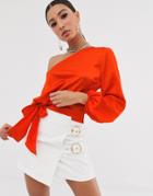 Asos Design One Shoulder Top In Satin With Knot Detail - Red