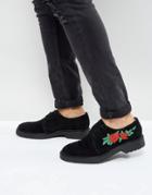 Asos Lace Up Derby Shoes In Black Suede With Rose Embroidery - Black