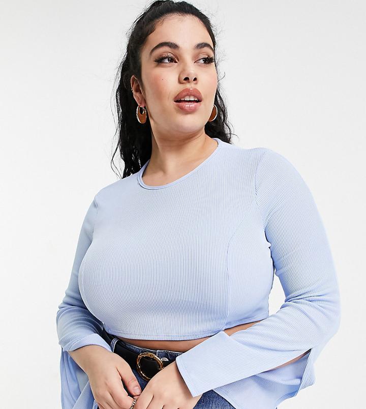 Flounce London Plus Coordinating Slit Sleeve Ribbed Crop Top In Blue-blues