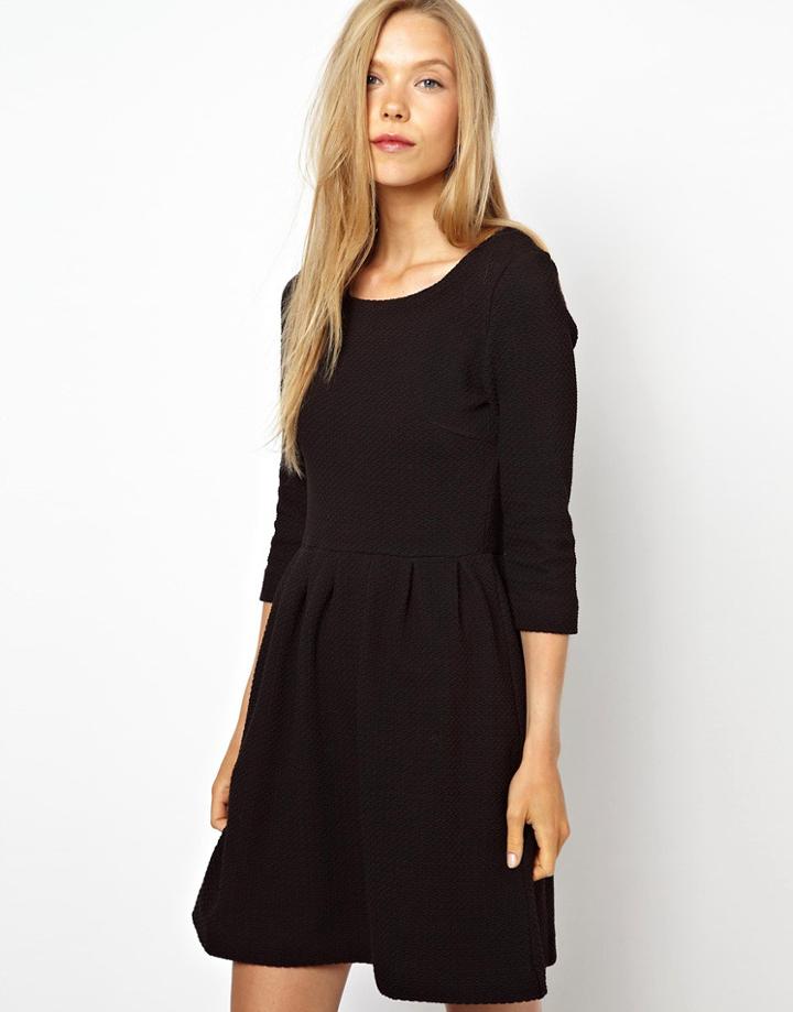 Ganni Structured Skater Dress In Textured Cotton - Black