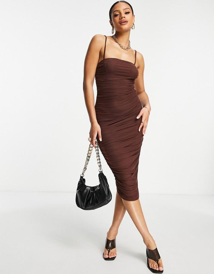 Simmi Ruched Strappy Midi Dress In Chocolate-brown