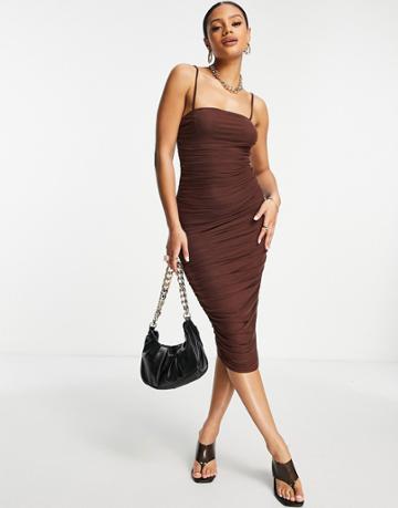 Simmi Ruched Strappy Midi Dress In Chocolate-brown