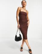 Simmi Ruched Strappy Midi Dress In Chocolate-brown