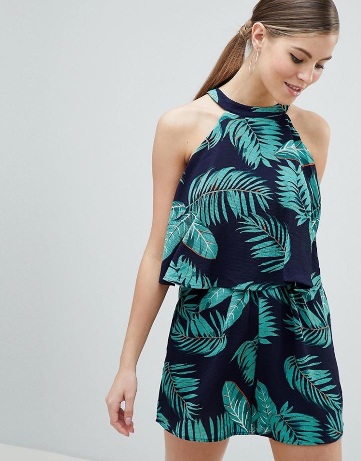 Ax Paris High Neck Layered Dress In Palm Print - Navy