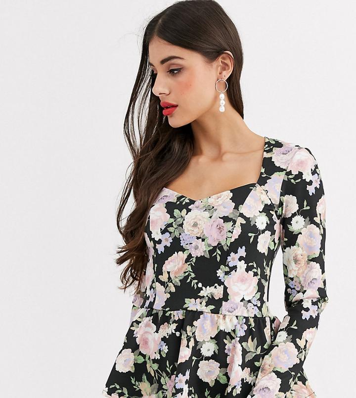 Asos Design Tall Exclusive Scuba Top With Long Sleeve And Pep Hem In Floral Print-multi