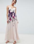 Little Mistress Cami Maxi Dress In Floral Placement Print With Belted Waist - Multi