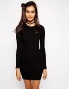 Asos Mini Body-conscious Dress In Rib With Long Sleeves - Black