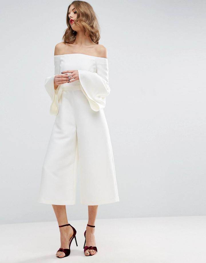 Asos Occasion Jumpsuit With Frill Sleeves - Cream