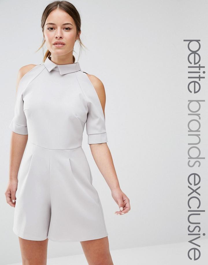 Alter Petite Long Sleeve Cold Shoulder Ruffle Detail V Neck Romper - Gray