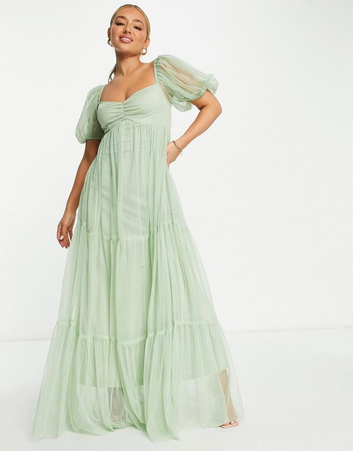 Lace & Beads Bridesmaid Charlotte Puff Sleeve & Tulle Dress In Sage Green