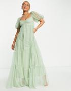 Lace & Beads Bridesmaid Charlotte Puff Sleeve & Tulle Dress In Sage Green