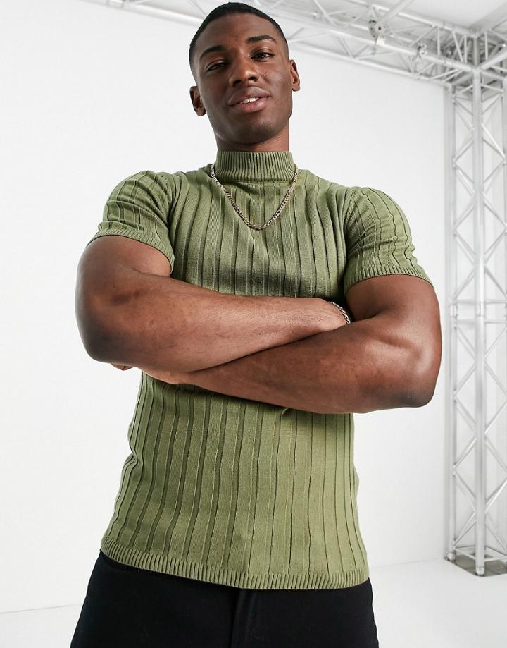 Asos Design Knitted Ribbed Turtle Neck T-shirt In Green