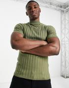Asos Design Knitted Ribbed Turtle Neck T-shirt In Green