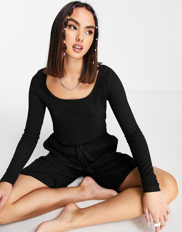 Topshop Jersey Top And Ribbed Long Short In Black
