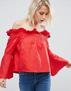 Asos Denim Off Shoulder Top With Flared Sleeves In Red - Red