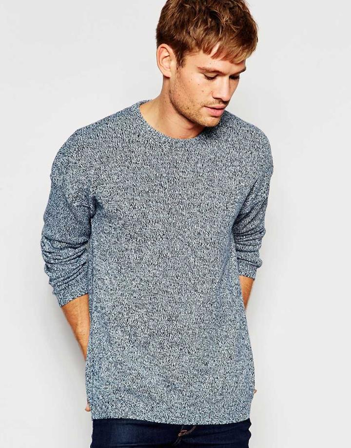 Asos Crew Neck Jumper In Midweight Cotton Twist - Navy And White Twist