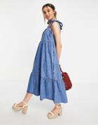 Asos Design Soft Denim Tiered Midi Dress In Midwash-blues