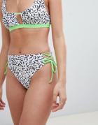 Luxe Palm High Leg Bikini Bottom Dash Print With Contrast Banding - Multi
