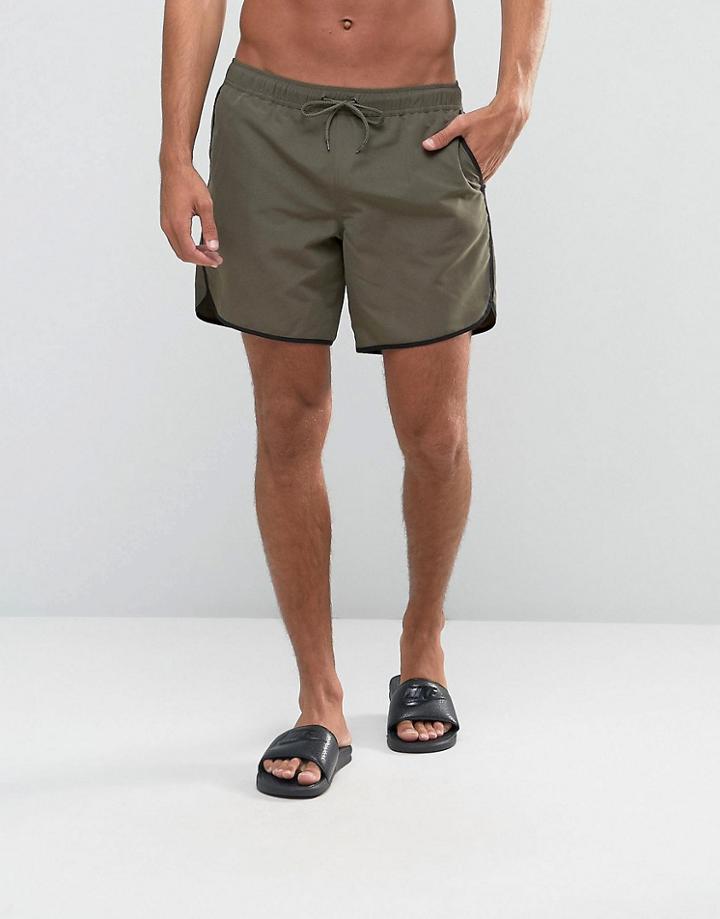Asos Runner Swim Shorts In Khaki Mid Length - Green