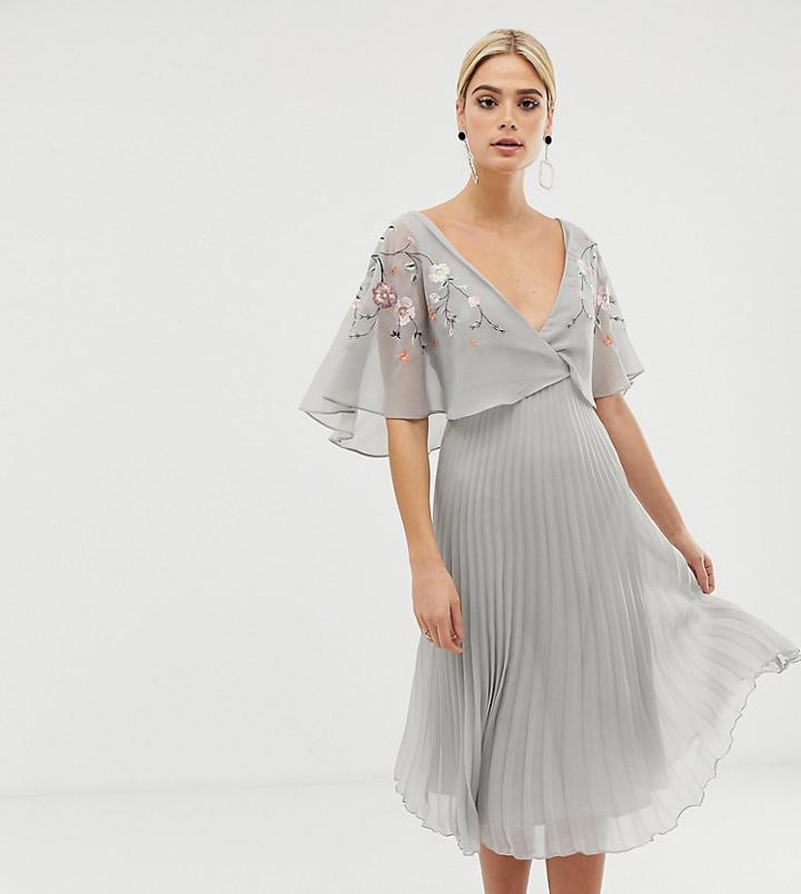 Asos Design Tall Flutter Sleeve Midi Dress With Pleat Skirt In Embroidery-multi
